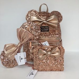 Loungefly Rose Gold Backpack, Wallet, and Ears